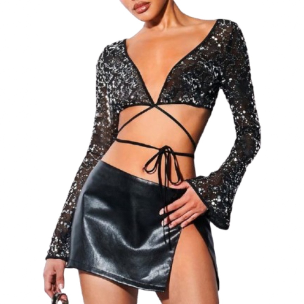 NWT WDIRARA Sheer Mesh Sequin Glitter Long Sleeve Crop Top Size Medium